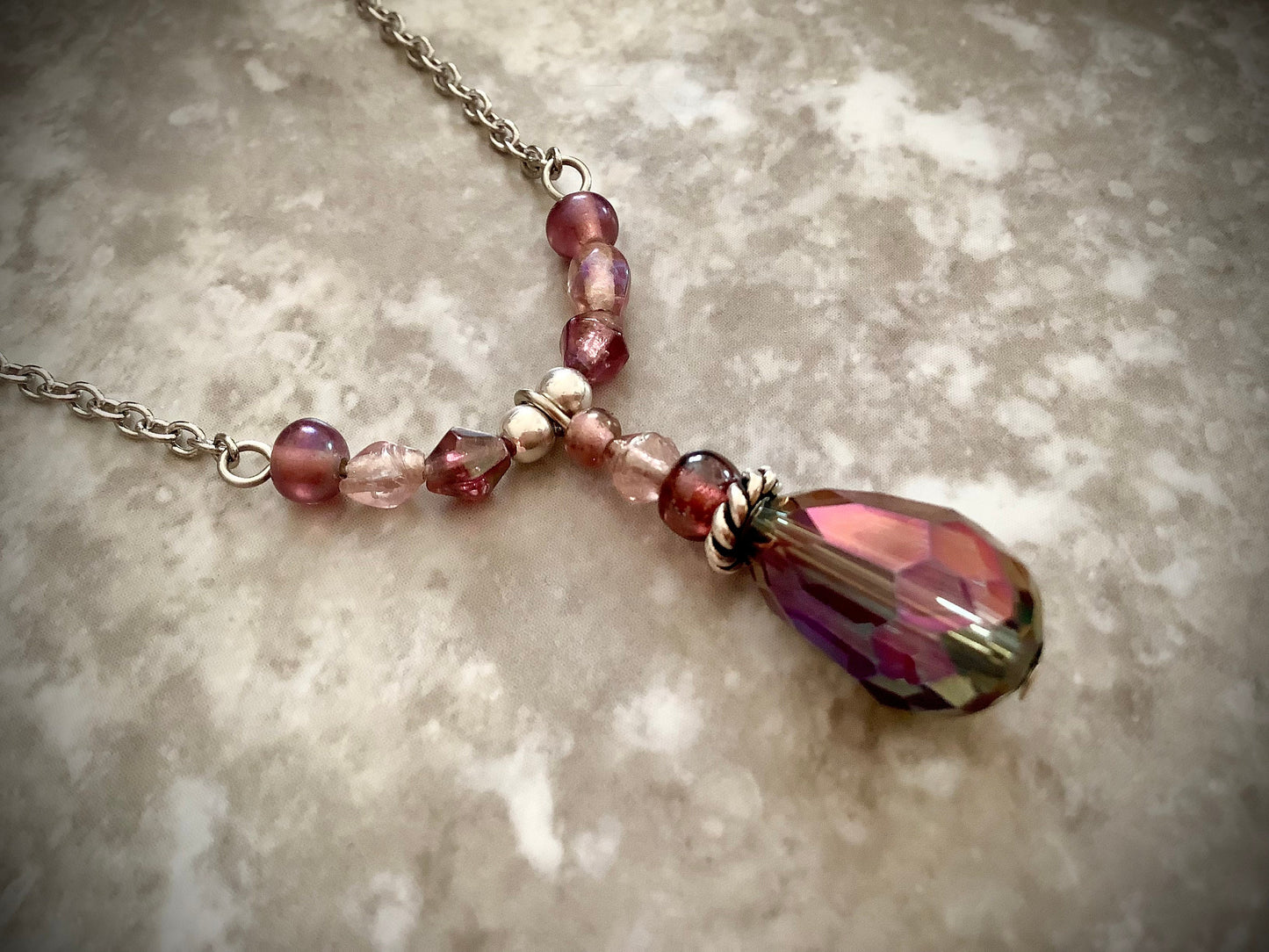 Smokey purple lariat style pendant necklace, purple crystals, glass beads, drop necklace, gorgeous necklace, gift boxed for her, purple