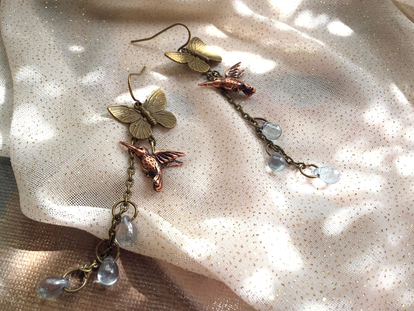 Hummingbird, butterfly, and dewdrop earrings, fanciful fairytale earrings, vintage style earrings