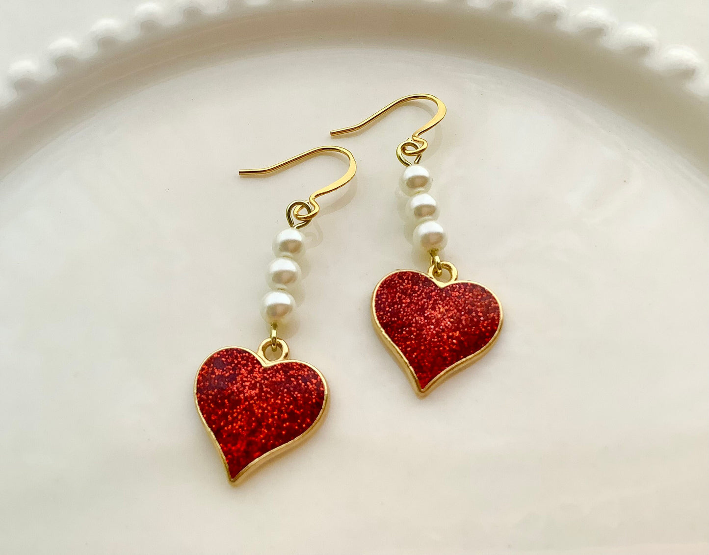Red glitter heart earrings with glass pearls, gold plated steel hooks, glam earrings for her