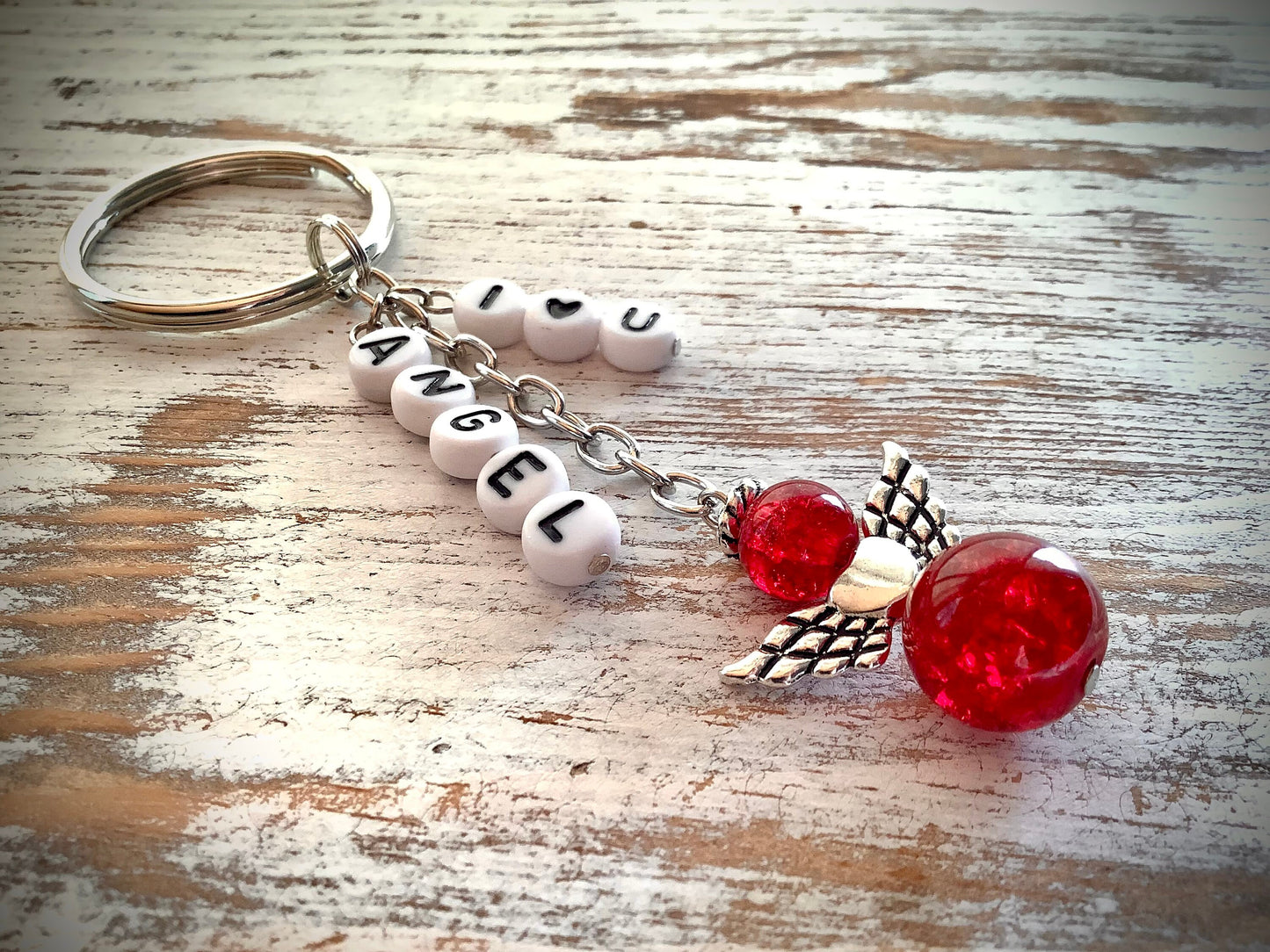 I Love You Angel, Keychain with Angel Charm, Red Crackle Glass, Valentine’s Day Gift For Her, Girlfriend Gift, Angel Keyring, Red Keychain