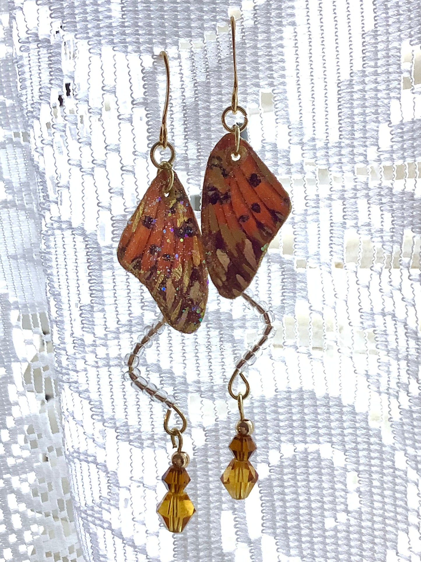 Delicate butterfly wing fairy earrings, orange wing earrings, monarch earrings, fairytale style magical earrings, storybook earrings, Fall