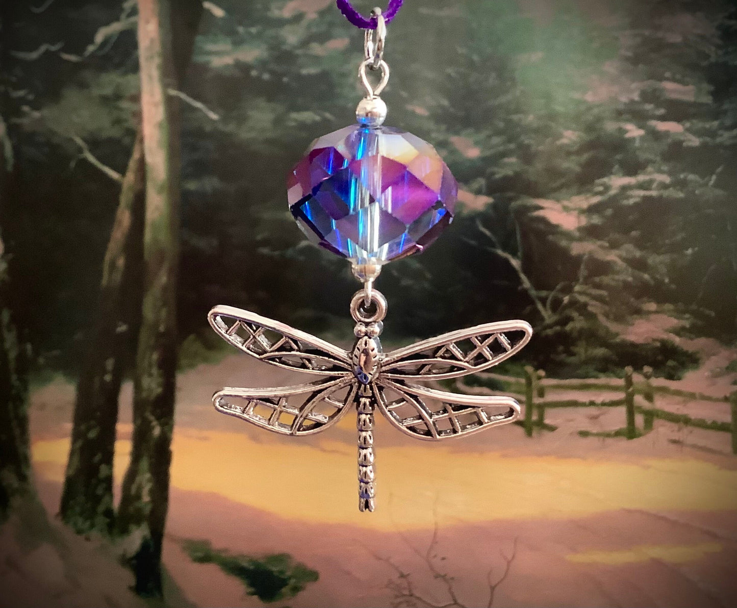 Dragonfly hanging charm on purple ribbon, dragonfly with crystal, dragonfly window charm, dragonfly for car, dragonfly gift, dragonfly charm