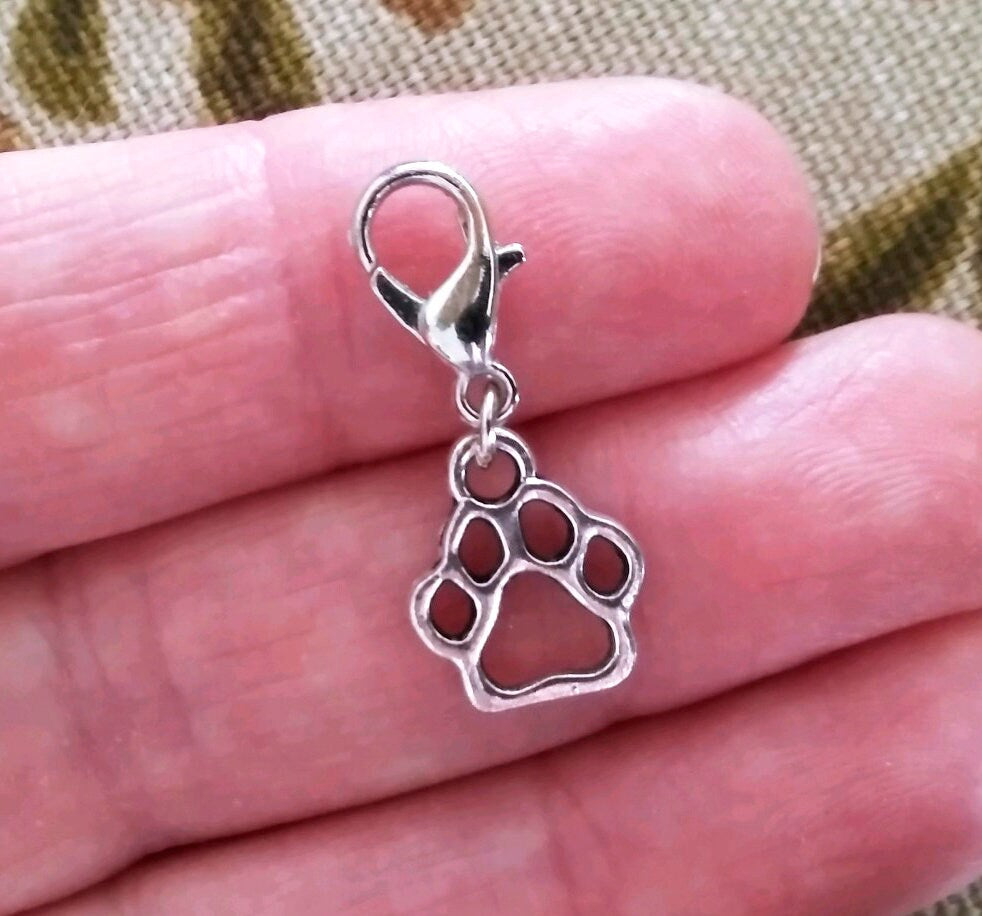 Paw print Charm, Lobster Clasp Charm, Pawprint Zipper Pull, Planner Charm, Journal Charm, jewelry Dog Cat Tibetan Silver locket charm