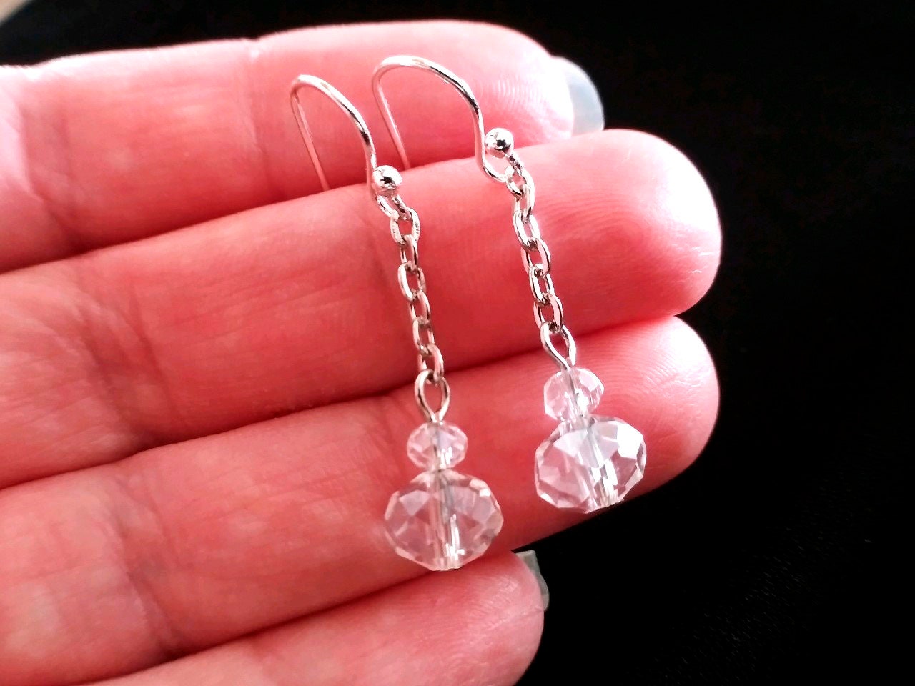 Perfect Length, Silver Chain Clear Crystal Glass Dangle Earrings, Long Chain Earrings, Chain Earrings, Everyday Earrings Silver Plated Hooks