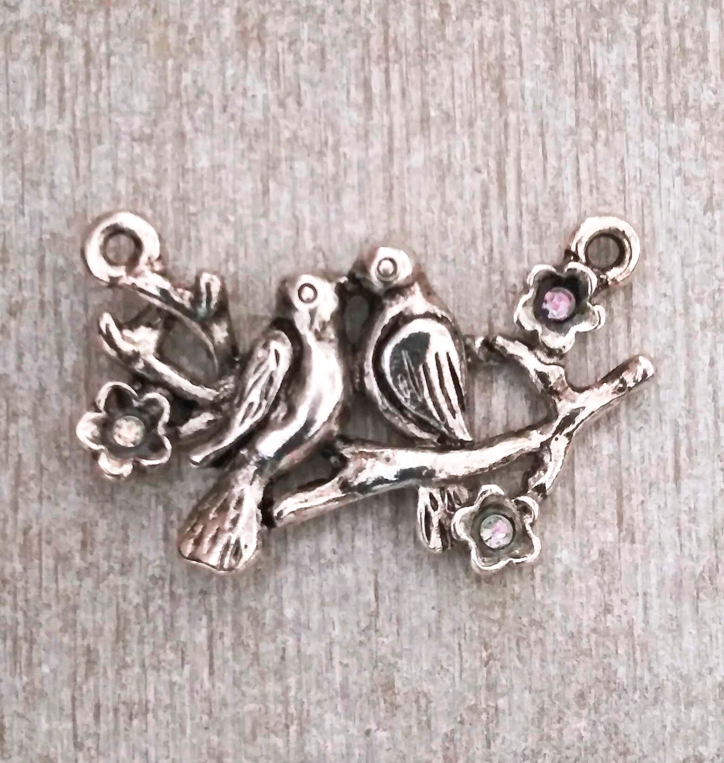 Love Birds Charm Love Birds Focal Pendant Silver tone Wedding Charm Necklace Charm DIY Jewelry and Embellishments Birds on Branch w/ Flowers