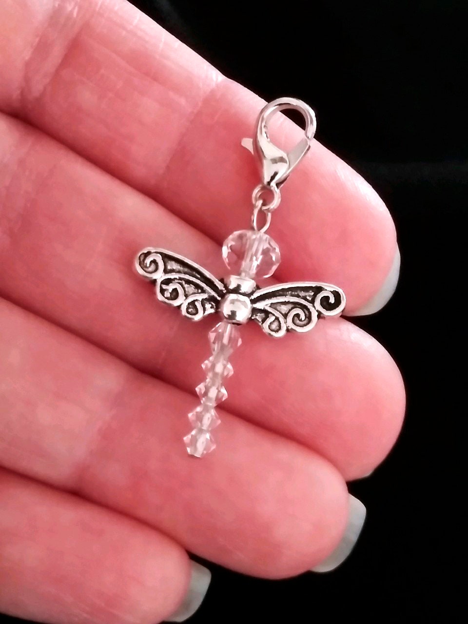 Dragonfly Charm with Lobster Clasp Claw-Beaded Glass and Silver Dragonfly Dangle Clip On Charm-Zippers-Planners-Purses-Jewelry-Pendant Charm