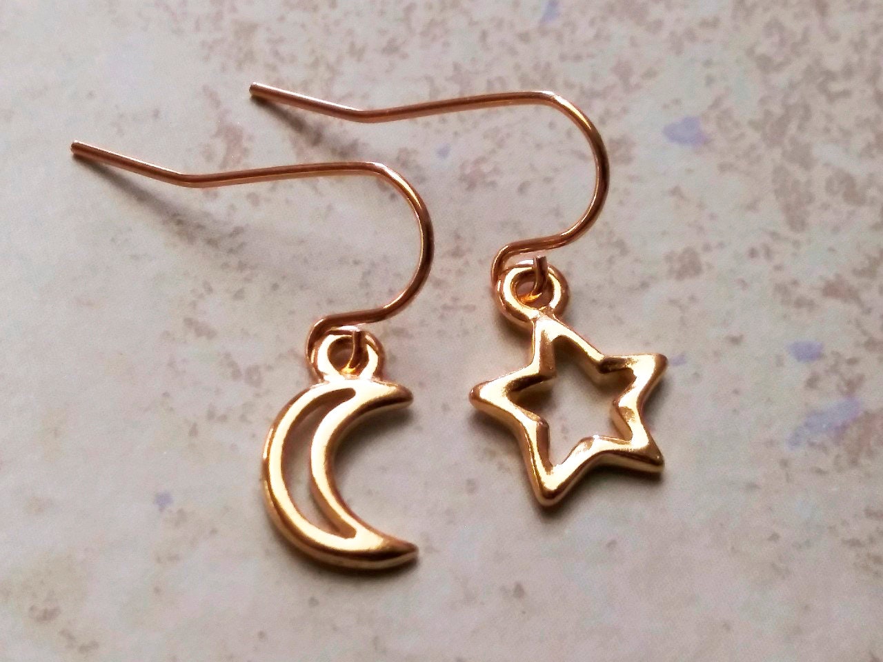 Star and Moon Earrings, Celestial Open 22kt Gold Plated Cadmium & Lead Free Pewter Charms with Gold Plated Steel Ear-wires, Minimalist, Tiny