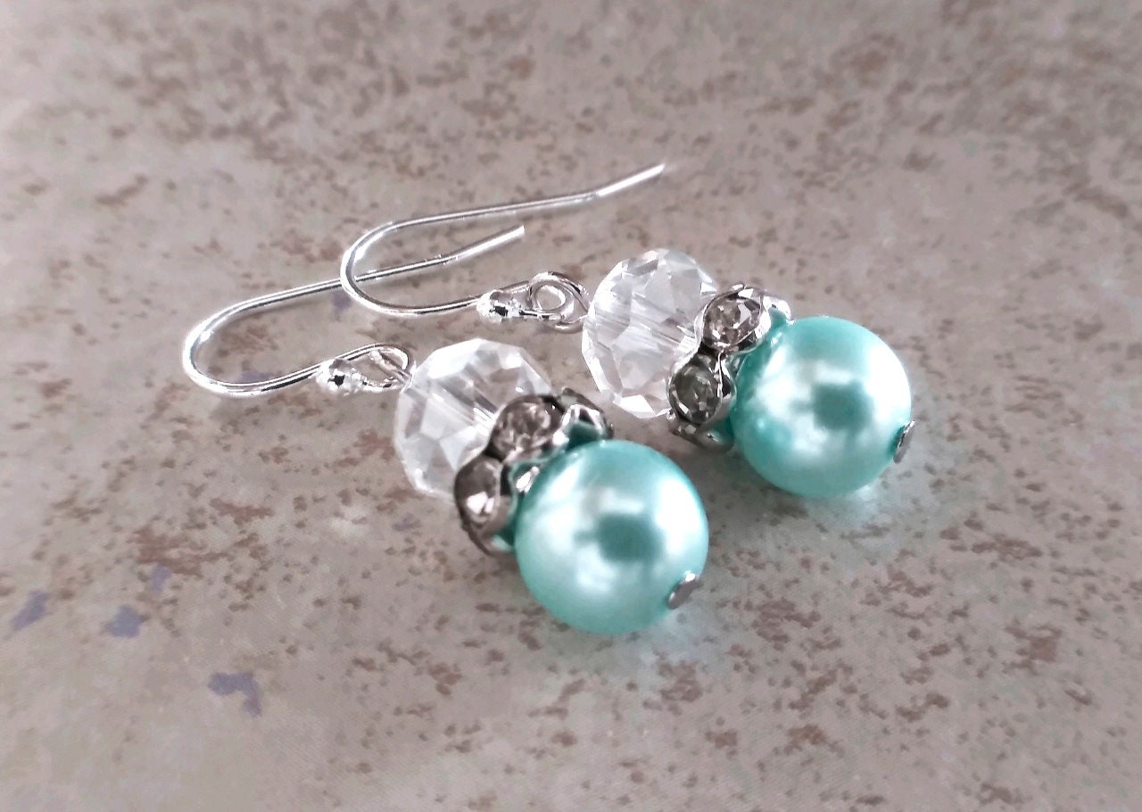 Pale Ice Blue Pearl Earrings-Pastel Blue Bridesmaid Gifts-Light Blue Pearl and Crystal Wedding Jewelry-Bridal Party Jewelry-Something Blue