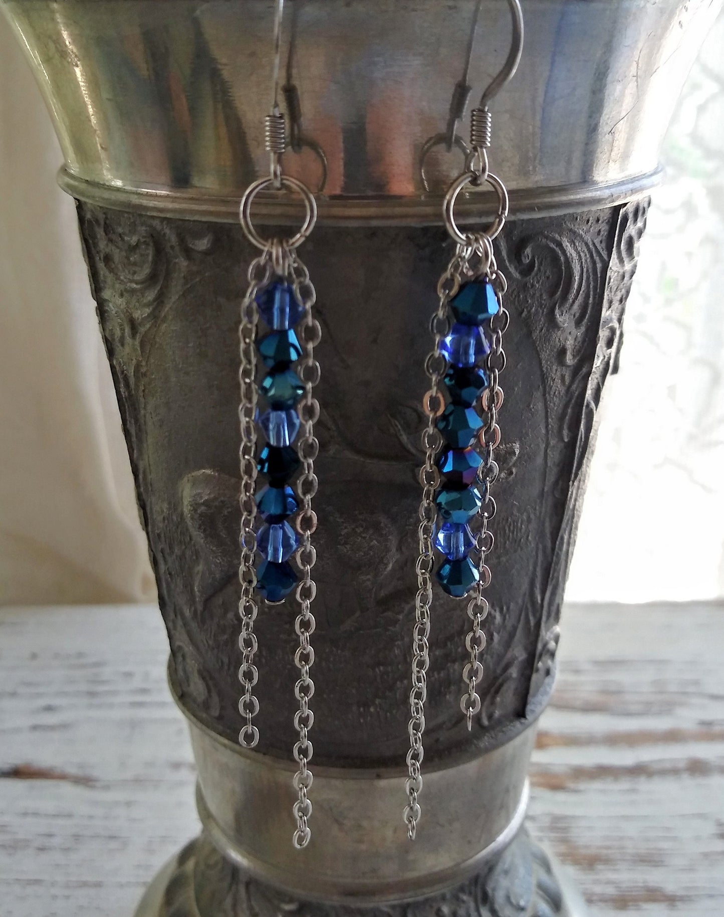 Blue Dangle Earrings / Long Chain Earrings / Blue Glass Crystals / Silver Chain / Boho Earrings / Stainless Steel Hooks