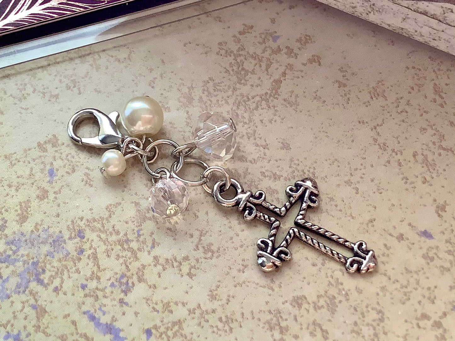 Cross with Pearls and Crystals Planner Charm, Bible Case Charm, Zipper Charm, Planner Accessories, Christian Planner Charms, Bouquet Charm