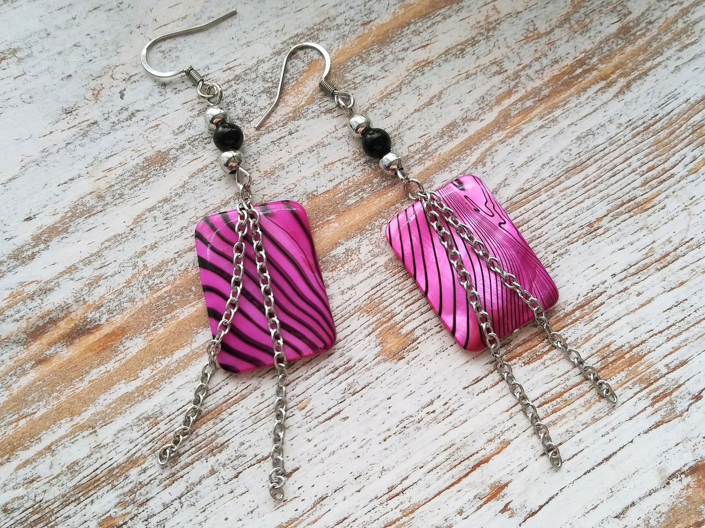 Zebra Dangle Earrings, Chain Earrings, Hot Pink Earrings, Shell Earrings, Sexy Earrings, Stainless Steel Hooks, Long, Short Hair Earrings