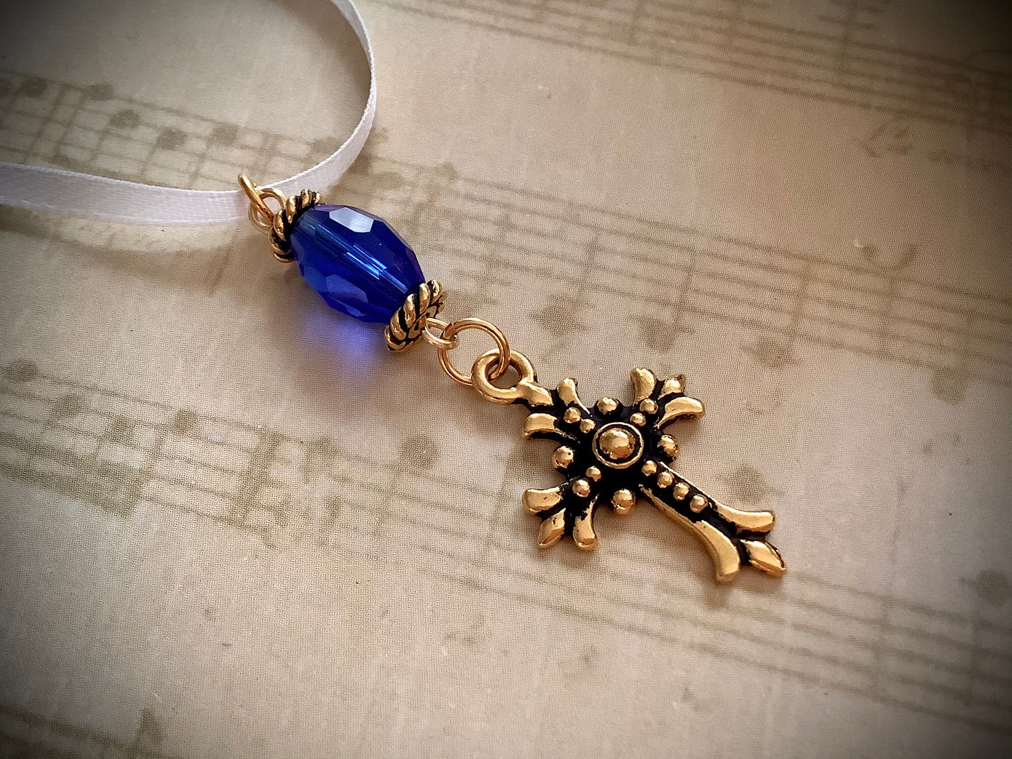 Something Blue Bouquet Charm, Blue Crystal Wedding Bouquet Charm, Something Blue for Bride, Cross on Ribbon Charm, Cross Charm, Antique Gold