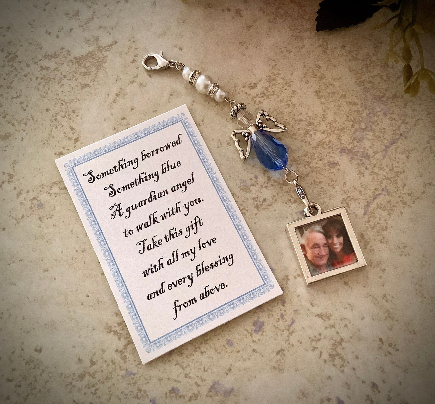 Frame Charm for Bride, Something Blue Glass Wedding Bouquet Angel w/Card Wedding Dress Angel, Guardian Angel Bridal Shower Gift, Bride Gift