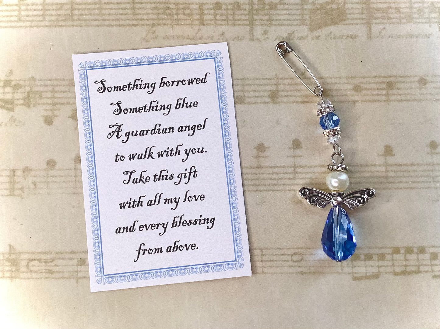 Something Borrowed Something Blue Glass Wedding Bouquet Angel w/Card Wedding Dress Angel, Guardian Angel Bridal Shower, Angel for bride pin