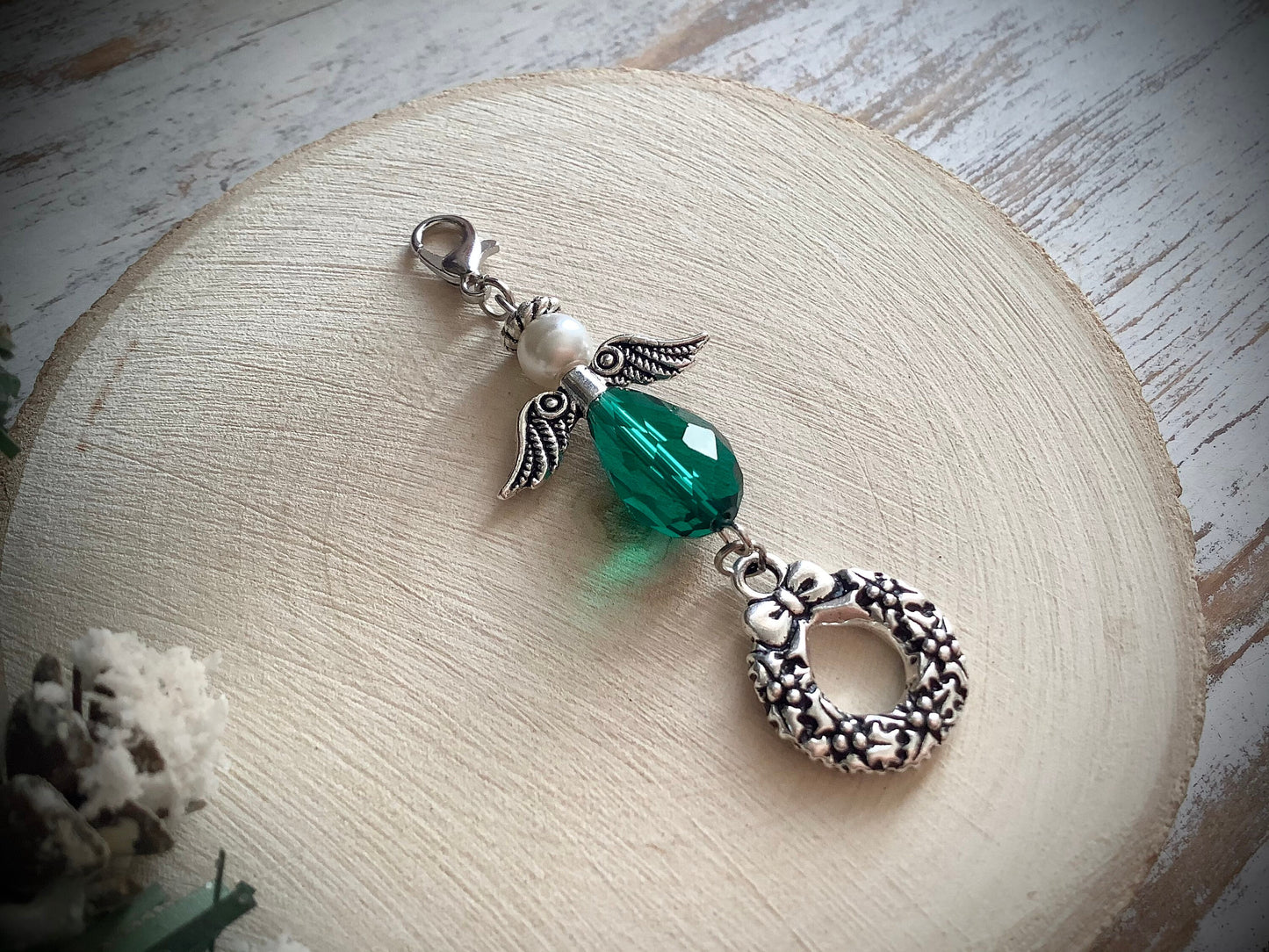 Holiday Angel Charm - Merry Christmas Charm - Bouquet Charm - Merry Christmas From Heaven - Angel with Wreath Charm - Green Crystal Angel