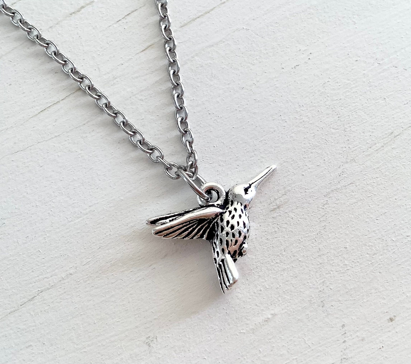 Hummingbird necklace, stainless steel chain, silver hummingbird charm necklace, silver pendant, bird necklace, hummingbird charm necklace