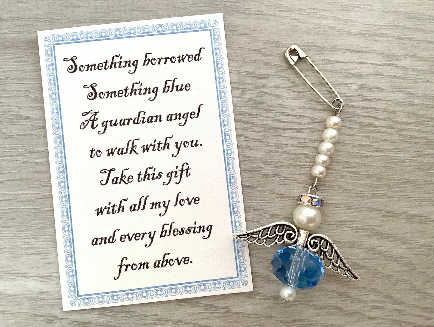 Something Blue, Bouquet Angel Charm, Wedding Bouquet Charm, Bridal, Wedding Dress Angel, Guardian Angel, Glass Pearls, Angel for bride pin