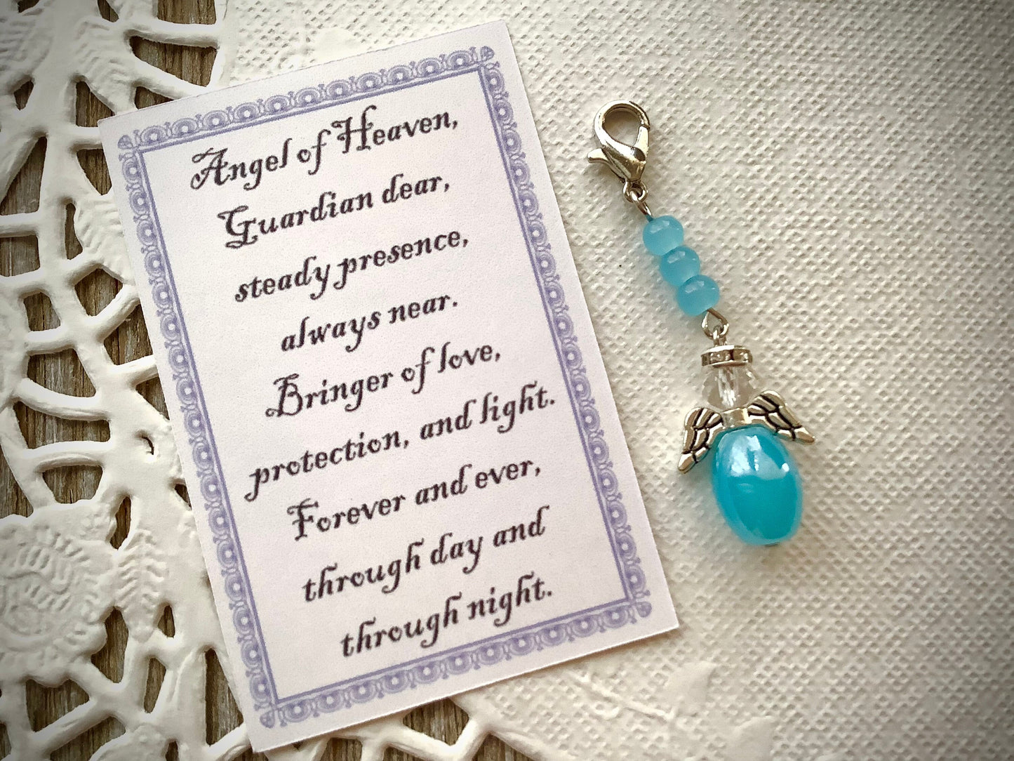 Blue Glass Guardian Angel Charm Dangle w/Card Tiny Lobster Clasp Charm, For Planners, Purses, Mom, Grandma, Sweet 16, Stocking Stuffers