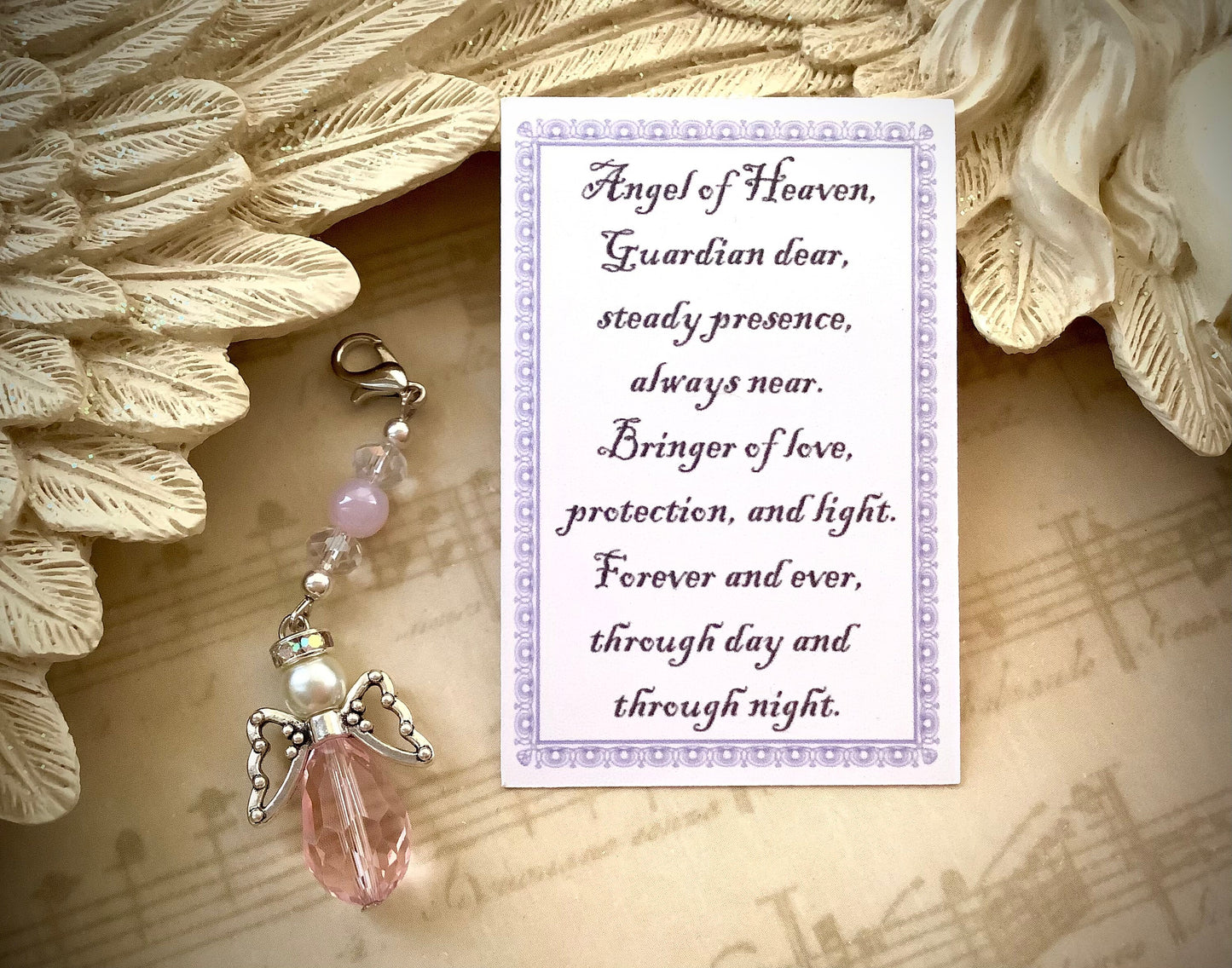 Pink Angel Charm, Memory Angel Charm Dangle w/Card Tiny Clip on Clasp Charm, For Planners, Purses Sweet 16, Bouquet Charm, Car Angel Charm