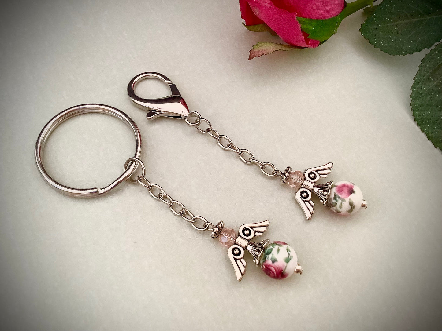 Key ring and purse charm gift set, Angel Keychain, rose angels, porcelain rose beads, new driver gift for daughter, gift for mom, new car