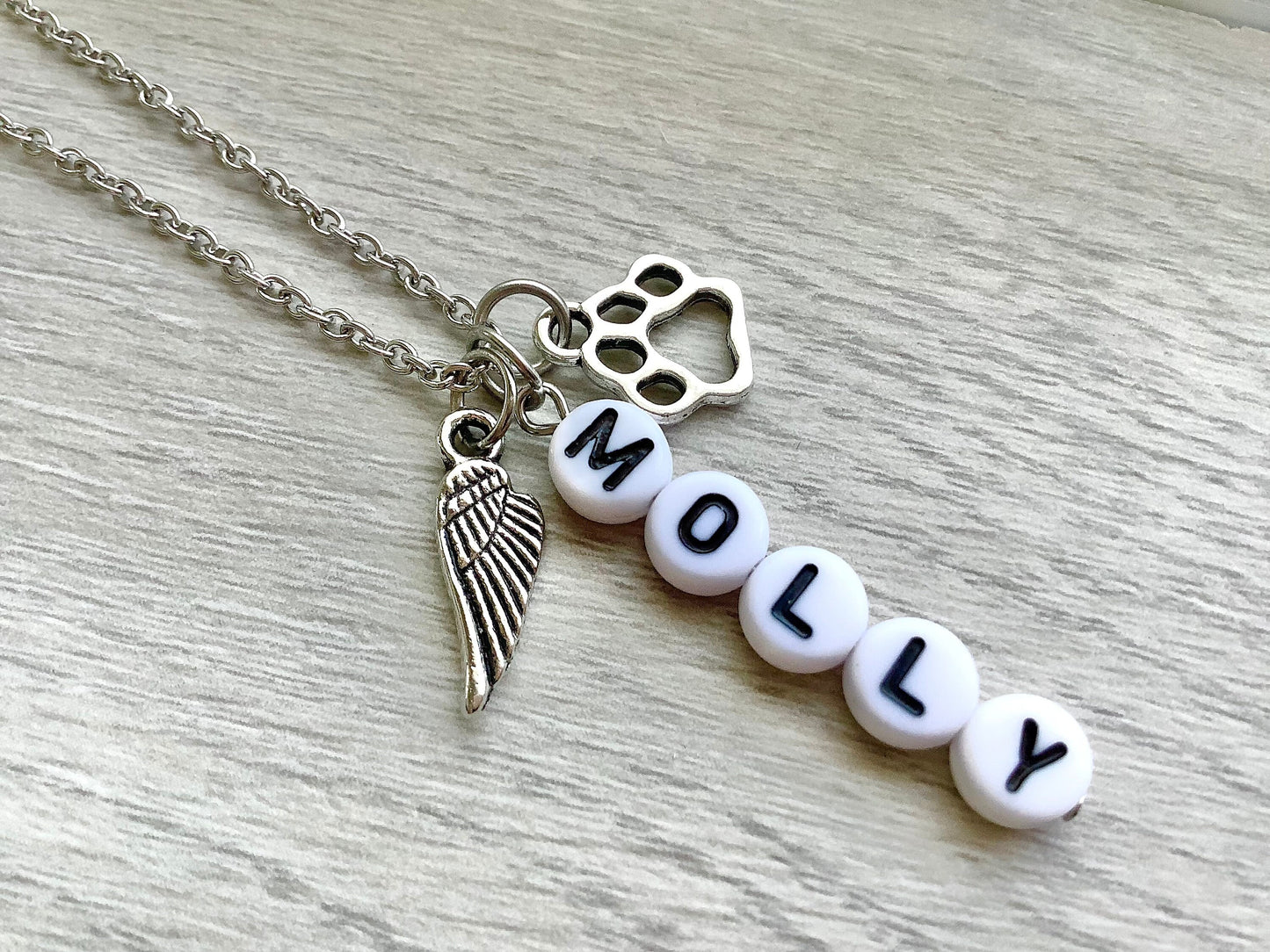 Pet loss memorial necklace - pet name necklace - custom name charm - pawprint and angel wing