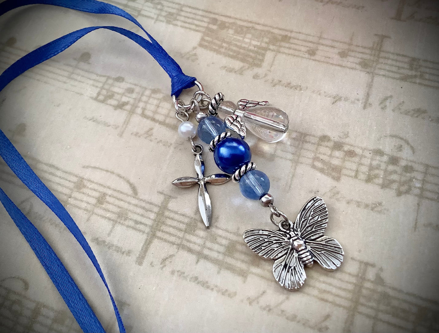Something Blue Wedding Day Bridal Bouquet Charms on a Satin Ribbon, attaches to the brides bouquet, Butterfly, Cross, Angel