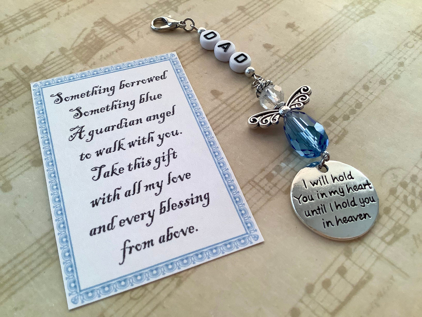 Something Blue, Dad or Mom, Memorial Charm Bridal Bouquet, Wedding Bouquet Angel, I will hold you in my heart until I hold you in heaven