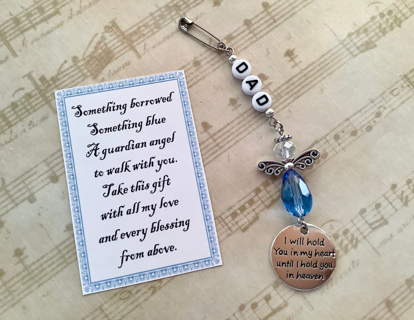 Something Blue, Father Memory Charm Angel for Bridal Bouquet, Wedding Bouquet Angel, I will hold you in my heart until I hold you in heaven
