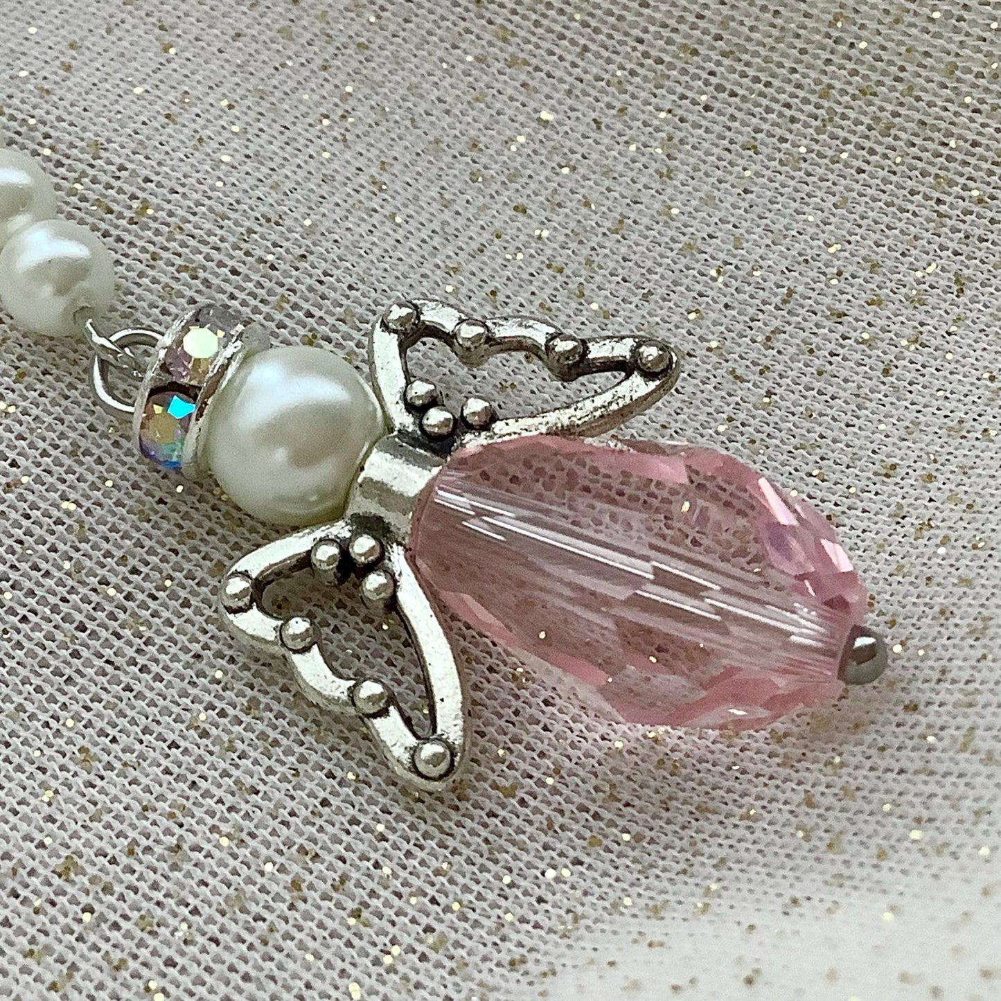 Pink I Love You Angel Charm, Angel Charm, Crystal with glass pearls, Memory Charm, Bible Case, Crystal Angel, Valentine’s Day Gift For Her