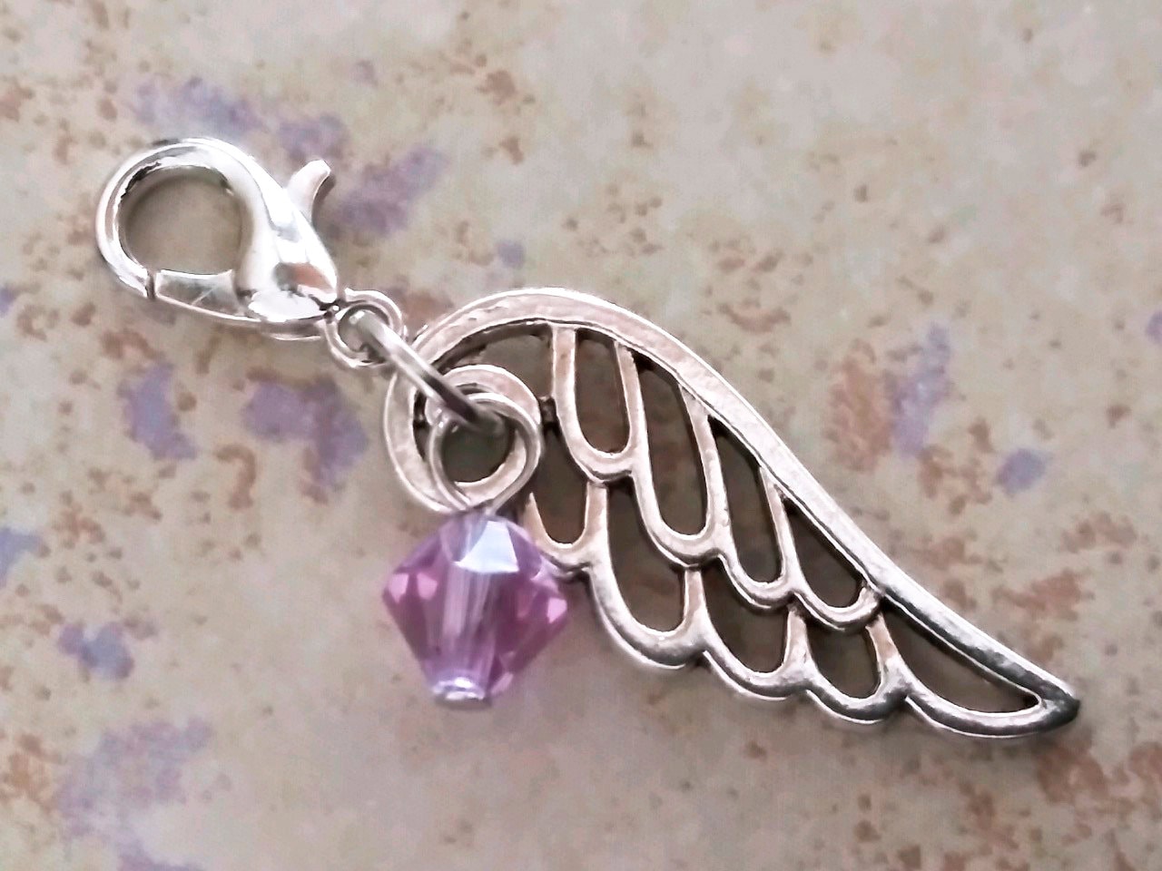 JUNE Birthstone Angel and Wing Charm Set Lobster Clasp for Bracelet-Tibetan Silver Wing Light Amethyst Violet colored Crystal, Locket Dangle