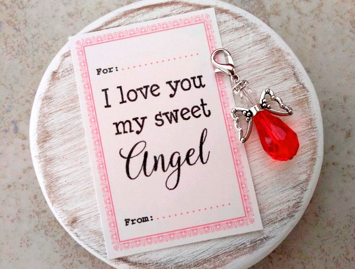 I love you my sweet angel charm with card tiny gifts for her, Valentine's Day jewelry, red angel clip on charm, glass crystal, lobster clasp