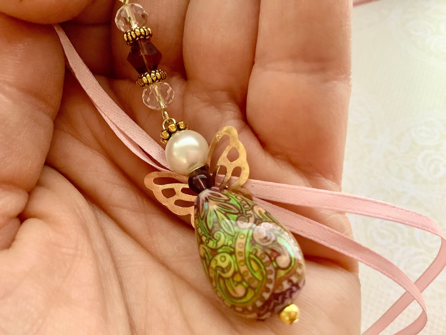 Angel charm on ribbon for car, hanging angel charm gift for her, color changing beaded angel, butterfly angel bouquet charm, angel ornament