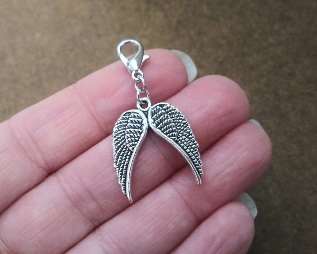 Double Angel Wing Charm with Clip on Lobster Clasp for Jewelry Purses Book Bags and More Tibetan Silver, Memory Charm, Stocking Stuffers