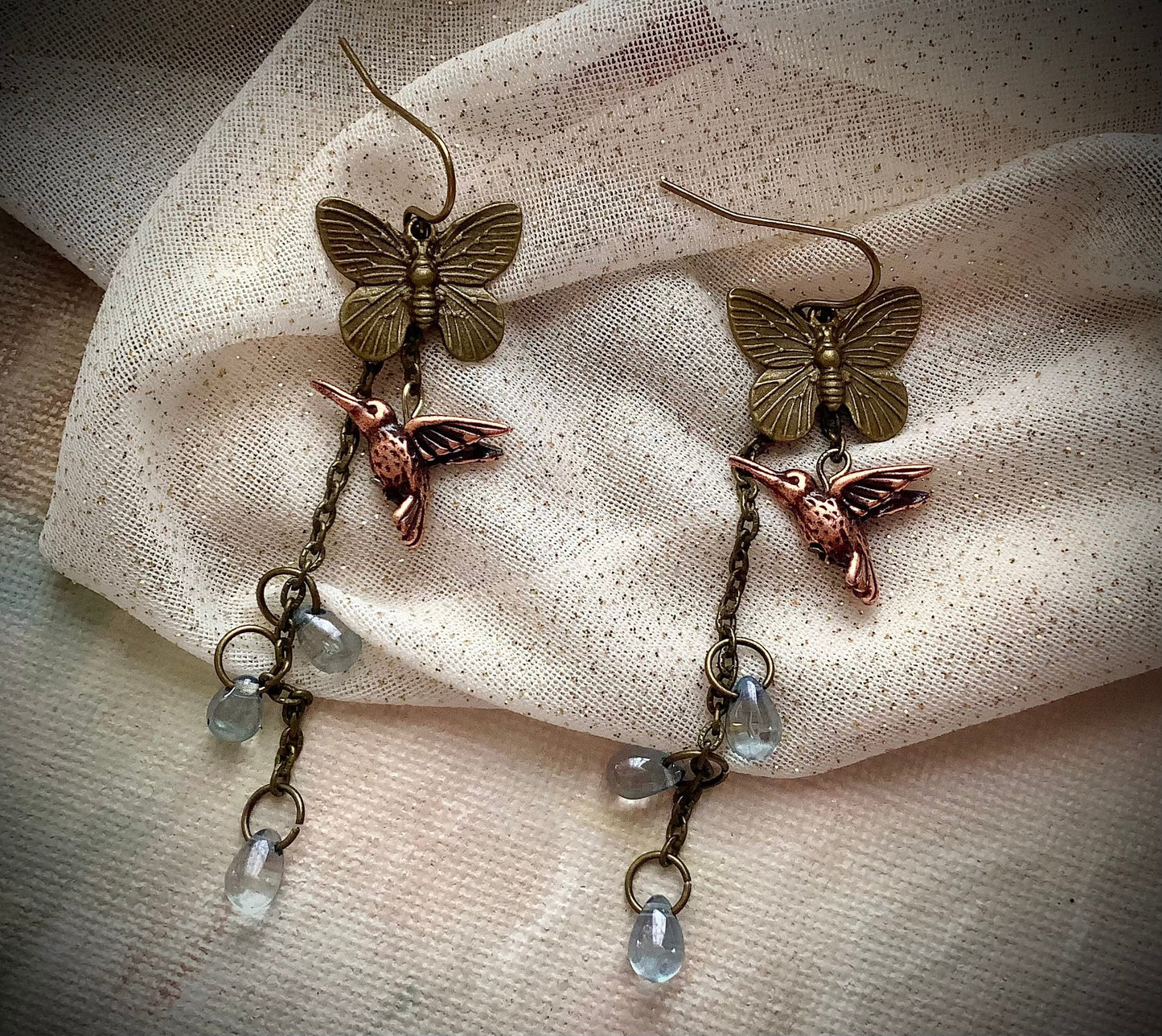 Hummingbird, butterfly, and dewdrop earrings, fanciful fairytale earrings, vintage style earrings