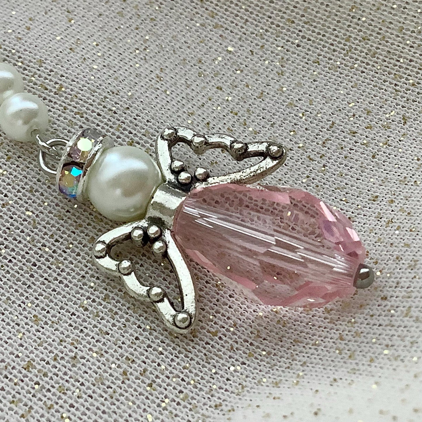 Pink I Love You Angel Charm, Angel Charm, Crystal with glass pearls, Memory Charm, Bible Case, Crystal Angel, Valentine’s Day Gift For Her