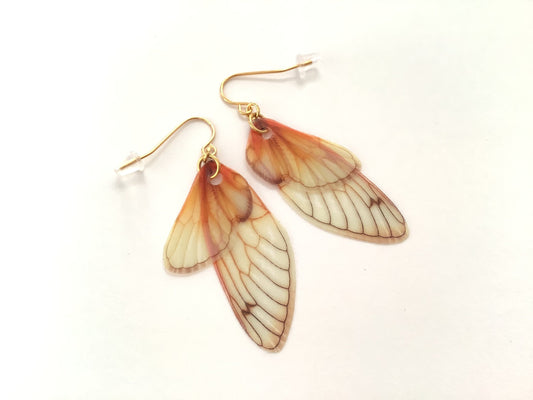 Realistic but not real wing earrings, for the serious fairy, Cicada wing earrings, gold plate steel hooks, semi transparent fantasy earrings