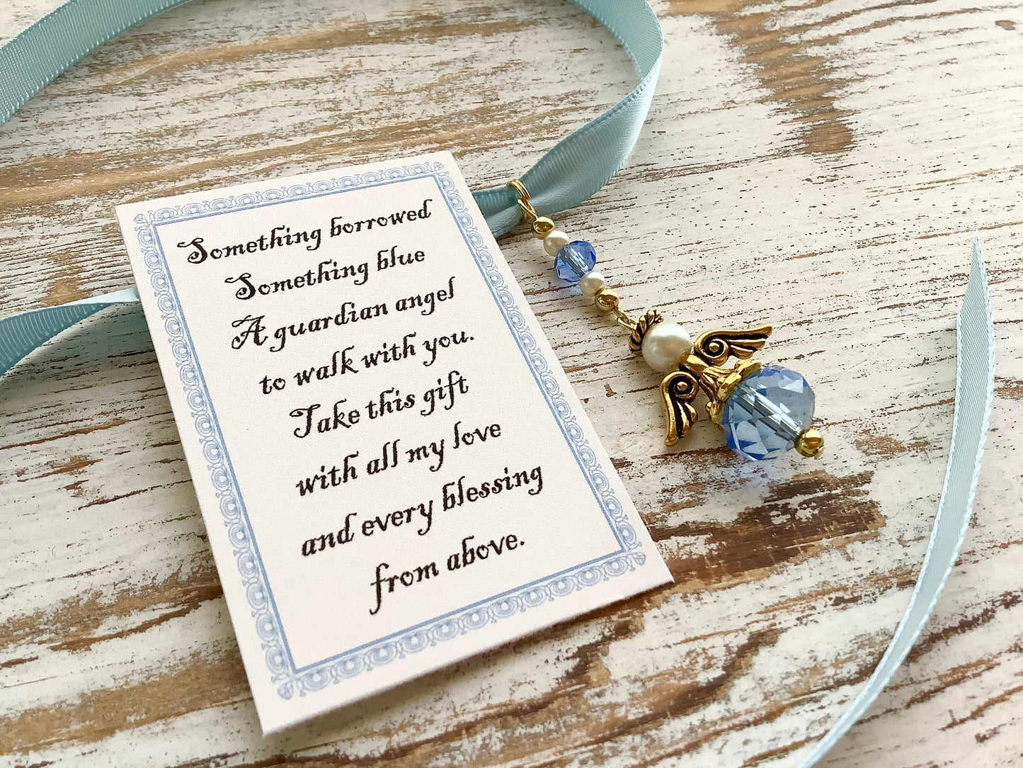 Crystal wedding angel satin ribbon, Blue Glass, Bouquet Angel w/Card Wedding Dress Angel, Guardian Angel Bridal Shower, Angel on Blue Ribbon