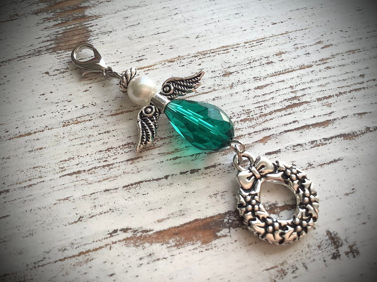 Holiday Angel Charm - Merry Christmas Charm - Bouquet Charm - Merry Christmas From Heaven - Angel with Wreath Charm - Green Crystal Angel