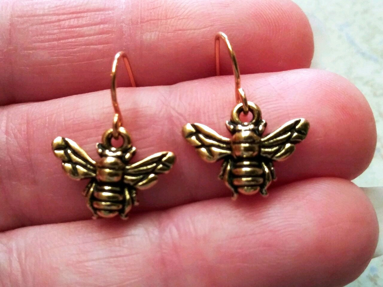 Honey Bee Earrings 22kt Gold Plated Charms with Gold Plated Steel Earwires Symbol of Loyalty and Courage Earrings Unique Insect Earrings