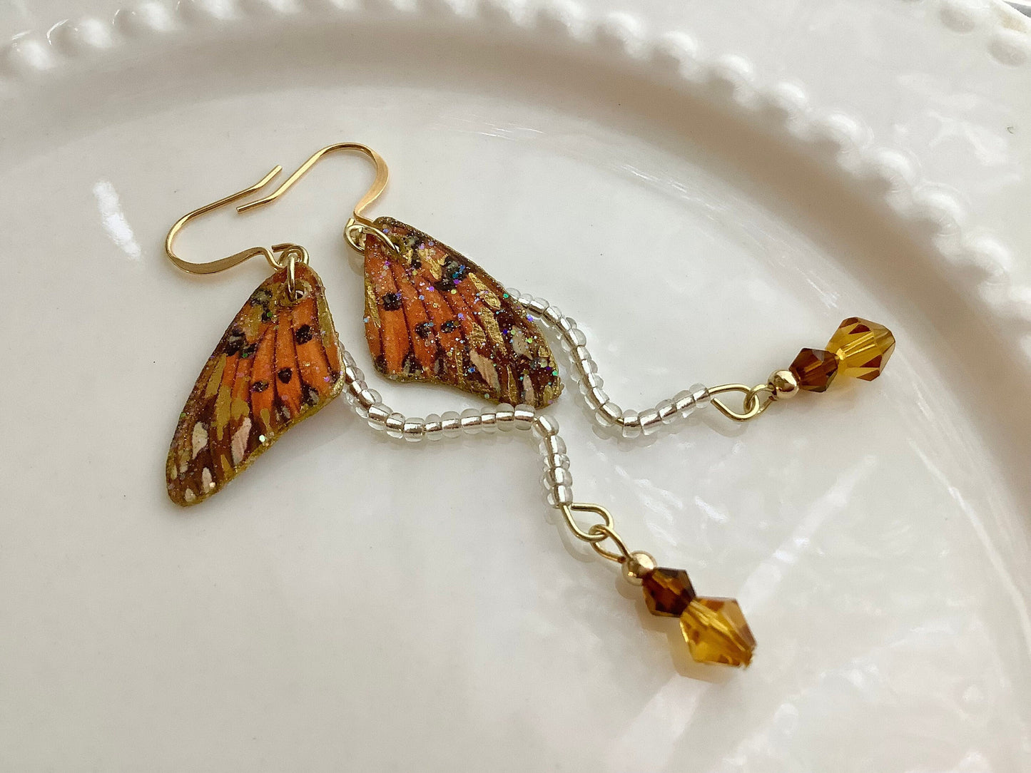 Delicate butterfly wing fairy earrings, orange wing earrings, monarch earrings, fairytale style magical earrings, storybook earrings, Fall