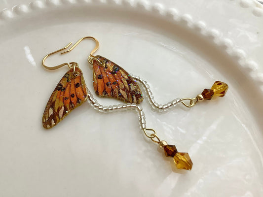 Delicate butterfly wing fairy earrings, orange wing earrings, monarch earrings, fairytale style magical earrings, storybook earrings, Fall