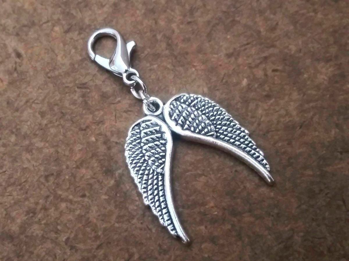 Double Angel Wing Charm with Clip on Lobster Clasp for Jewelry Purses Book Bags and More Tibetan Silver, Memory Charm, Stocking Stuffers