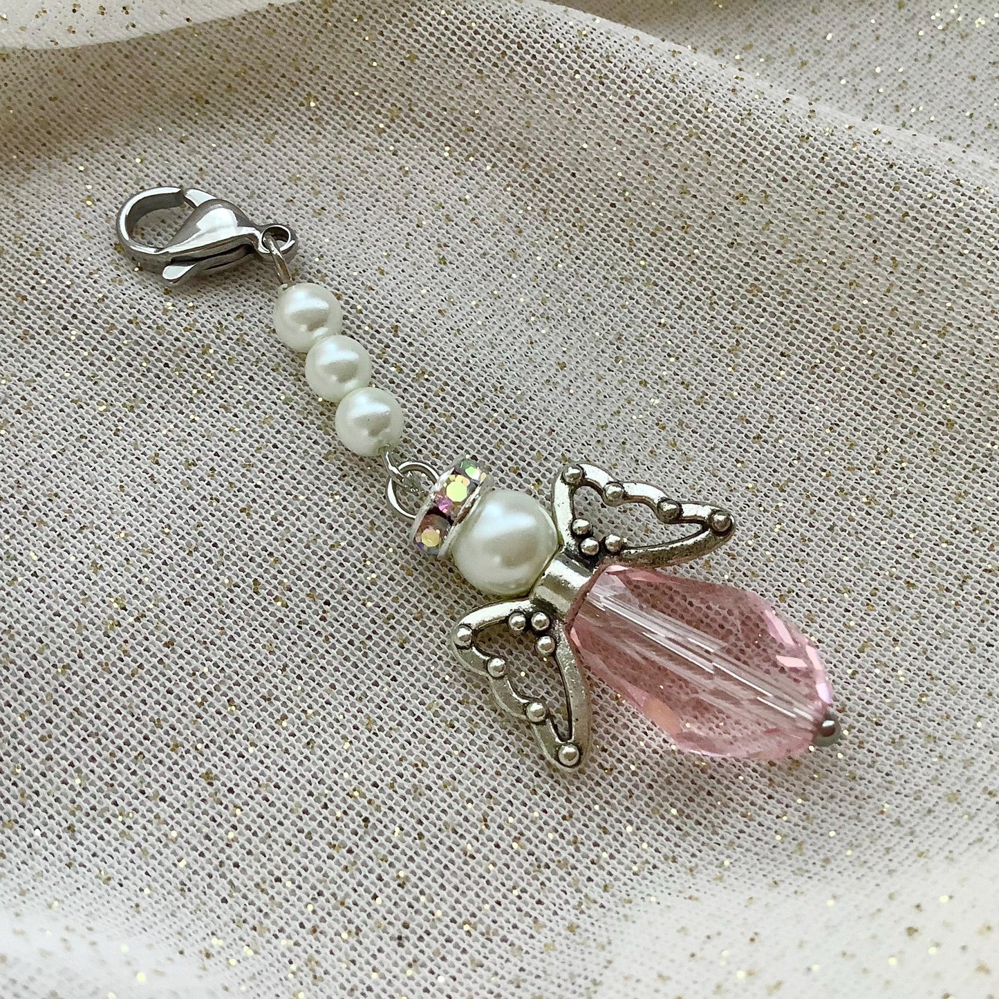 Pink I Love You Angel Charm, Angel Charm, Crystal with glass pearls, Memory Charm, Bible Case, Crystal Angel, Valentine’s Day Gift For Her