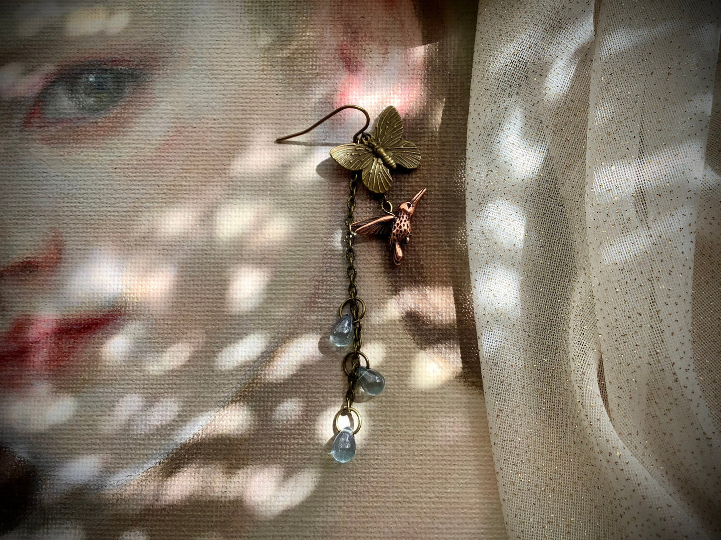 Hummingbird, butterfly, and dewdrop earrings, fanciful fairytale earrings, vintage style earrings