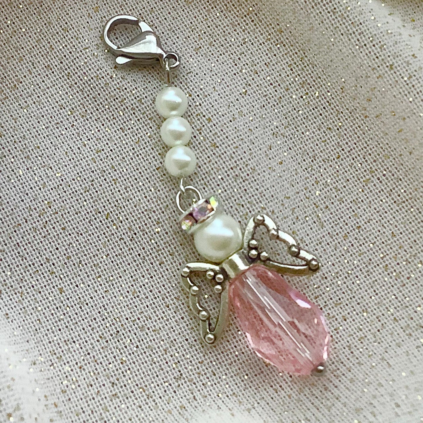 Pink I Love You Angel Charm, Angel Charm, Crystal with glass pearls, Memory Charm, Bible Case, Crystal Angel, Valentine’s Day Gift For Her