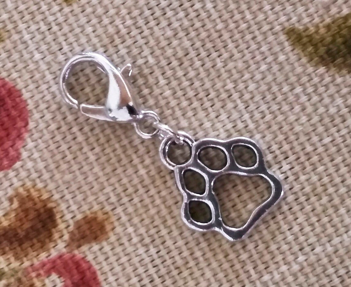 Paw print Charm, Lobster Clasp Pet Charm, Pawprint Zipper Pull, Planner Charm, Journal Charm, for jewelry Dog Cat Tibetan Silver, Vet gift