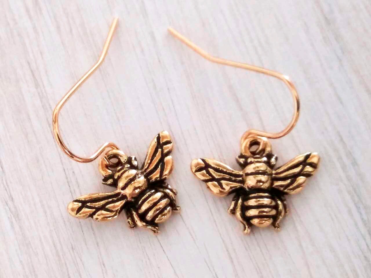 Honey Bee Earrings 22kt Gold Plated Charms with Gold Plated Steel Earwires Symbol of Loyalty and Courage Earrings Unique Insect Earrings