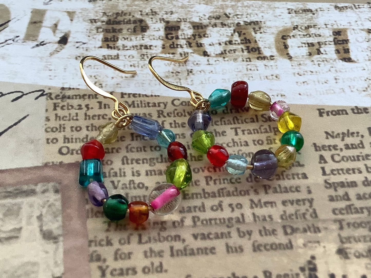 Colorful Beaded hoops, Medium hoop earrings, gold hoops, statement earrings, glass bead hoops, colorful earrings, gift for friend