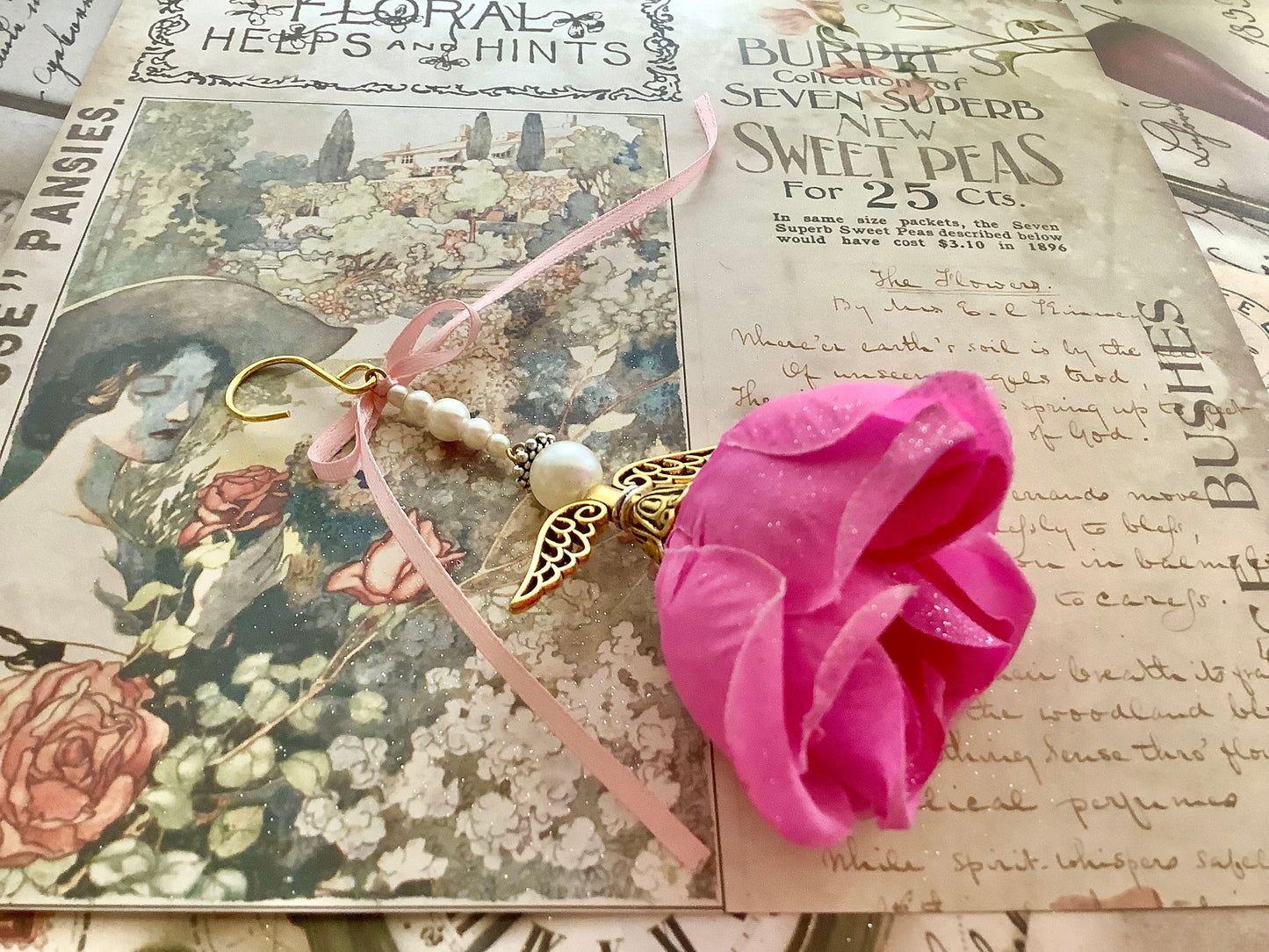 Flower Angel Ornament with Stand, Fairytale decor, Shelf Angel, An Angel to watch over you, Nursery decor, home decor