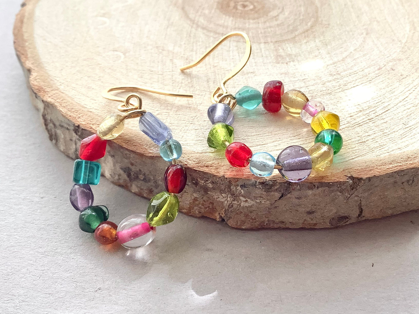 Colorful Beaded hoops, Medium hoop earrings, gold hoops, statement earrings, glass bead hoops, colorful earrings, gift for friend